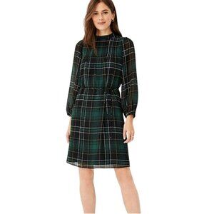 Ann Taylor Green Black Plaid Pintuck Long Balloon Sleeve A Line Dress Size M